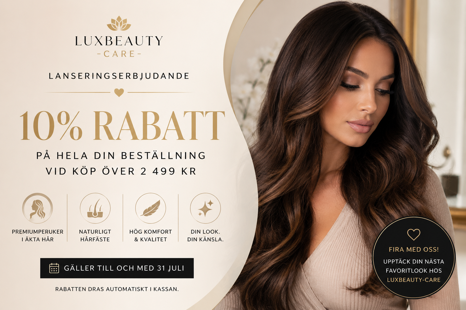 ✨ Lanseringserbjudande hos LuxBeauty-Care – 10 % rabatt på premiumperuker i äkta hår