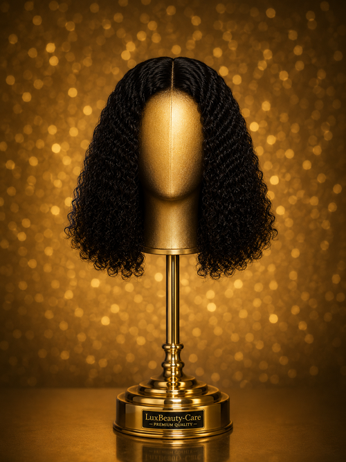 Medellång deep curly peruk i äkta hår med naturligt hårfäste, mittbena och definierade lockar i natural brown på elegant huvudstativ av guld.