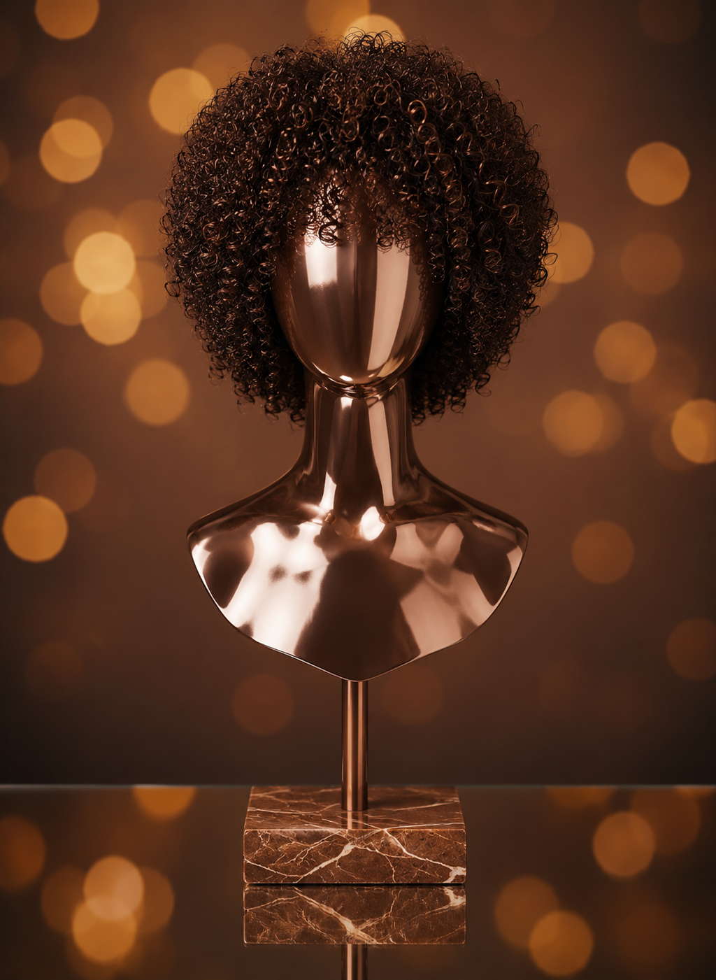 Peruk i äkta Virgin Remyhår med fylliga naturliga lockar i Natural Brown, afroinspirerad stil och naturligt hårfäste på elegant huvudstativ av guld.
