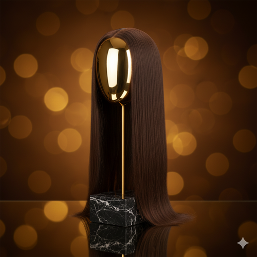 Peruk i äkta Virgin Remyhår i färgen Natural Brown med lång rak stil, silkeslen textur, naturligt hårfäste och naturlig glans på elegant huvudstativ av guld.