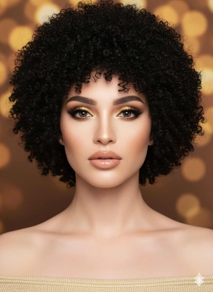 Peruk i Äkta Hår – Natural Black Curly Afro Stil - Naturliga Lockar & Naturligt Hårfäste
