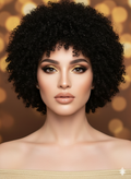 Peruk i Äkta Hår – Natural Black Curly Afro Stil - Naturliga Lockar & Naturligt Hårfäste