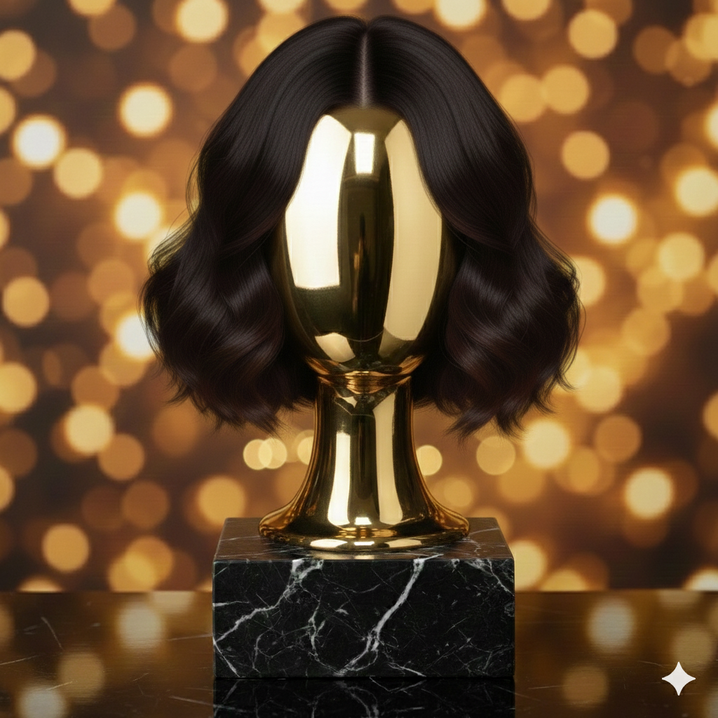 Peruk i äkta Virgin Remyhår i färgen Natural Brown med medellång vågig bob, naturligt hårfäste, mjuka vågor och silkeslen glans på elegant huvudstativ av guld.