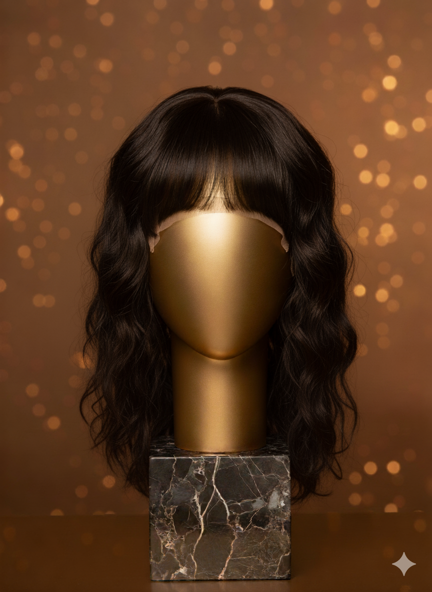 Peruk i äkta Virgin Remyhår i färgen Natural Brown med medellång vågig bob, mjuk lugg, naturligt hårfäste och silkeslen glans på elegant huvudstativ av guld.