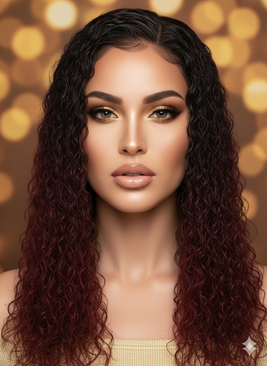 Lång curly peruk i burgundy ombre med naturligt hårfäste, mittbena och definierade lockar för fyllig volym.