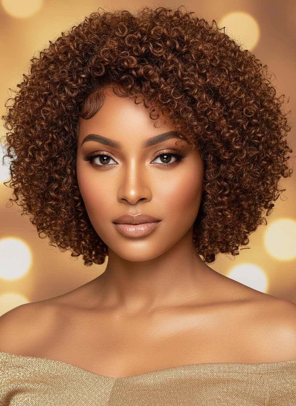 Peruk i Äkta Hår – Natural Brown Curly Afro Stil - Naturliga Lockar & Naturligt Hårfäste